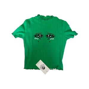 Malianna 
Green Women Eyes Embroidery Harajuku Kawaii Short Sleeve Crop Tees